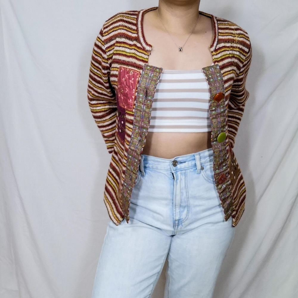 Per Una Grandmacore Striped Multi Color Woven Knit Cardigan